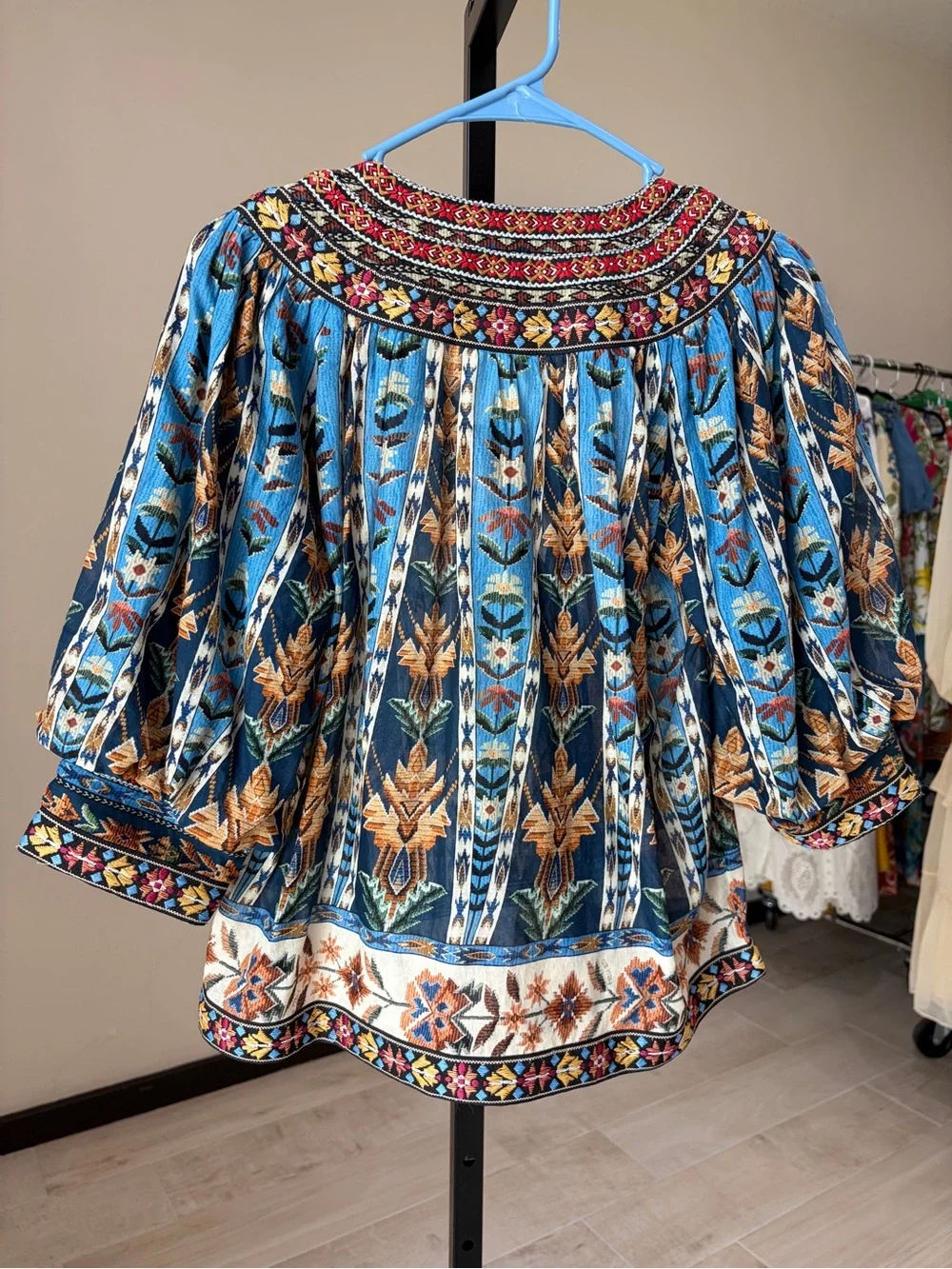 Farm Rio Blue Embroidered Tapestry Tassels Puff Sleeve Blouse